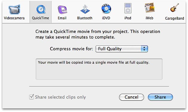 Share>Quicktime>Compress movie for: Full Quality