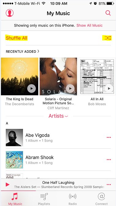 Music app, scrolled to the top