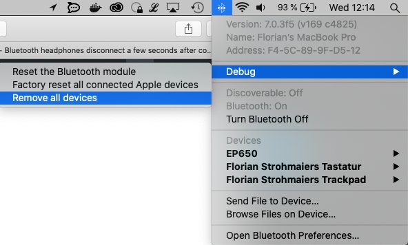 Bluetooth menu bar icon > Debug > Remove all Devices