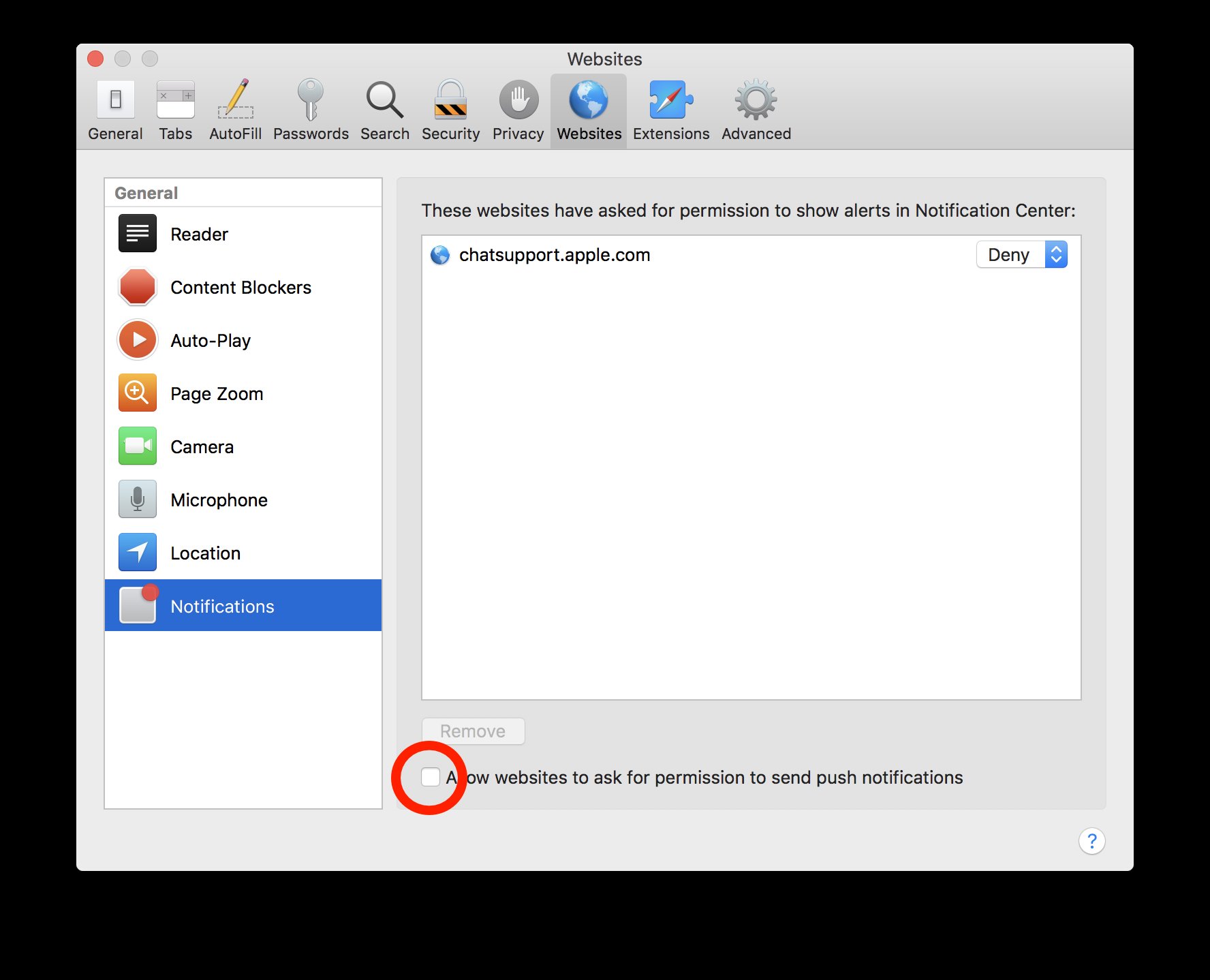 disabling safari notification prompt in High Sierra